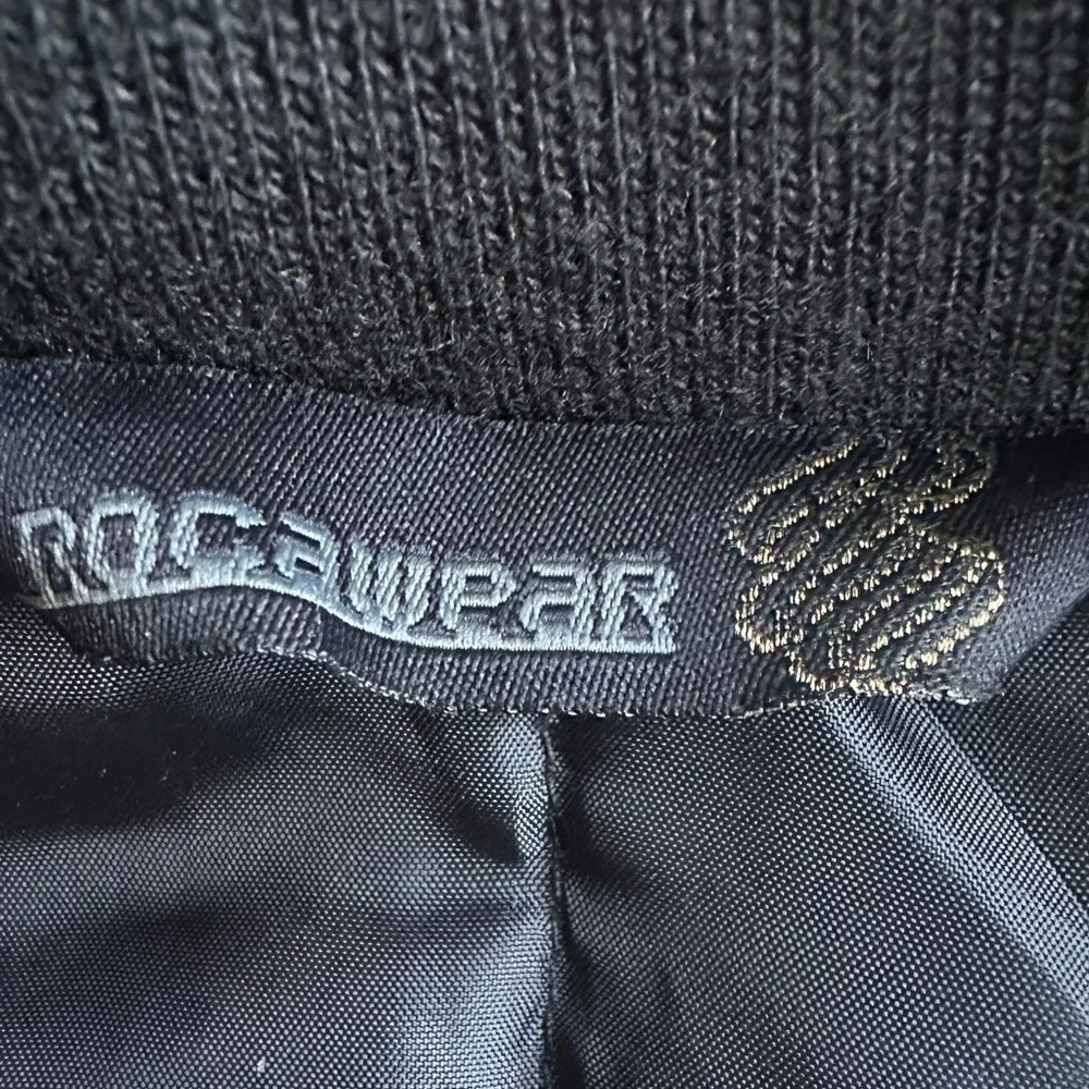 Rocawear Kids Black Puffer Jacket with Gold, Purple and White Stripes